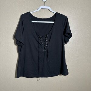 SHEIN Black Lace-Up Short Sleeve Top